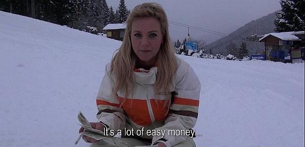  Busty blonde skier is paid to come back to the lodge and fuck